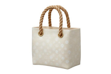 Stylish white tote bag with rope handles isolated on transparent background