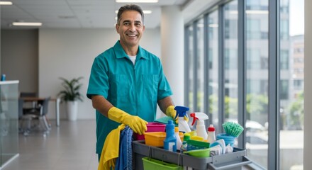 Man cleaning staff with a cart full of cleaning products at a commercial workplace. Cleaning service concept.