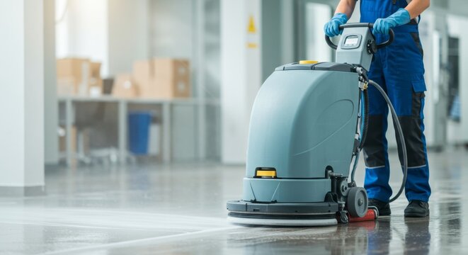 Cleaner cleaning a floor with a scrubbing machine. Professional cleaning service for commercial spaces and offices.