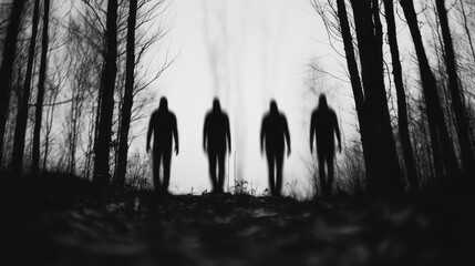 Mysterious Silhouettes of Figures Walking in a Dark Forest with Trees in Black and White, Creating an Eerie and Atmospheric Scene of Uncertainty and Fear