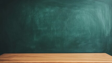 Empty Chalkboard Background with Wooden Table Surface Ready for Educational or Creative Content in Classroom or Home Environment
