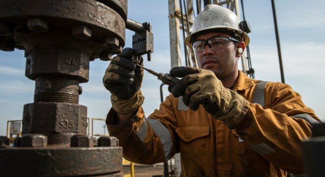 An oil rig worker performs maintenance on equipment. An industrial worker with safety gear performs a routine check on an offshore rig.