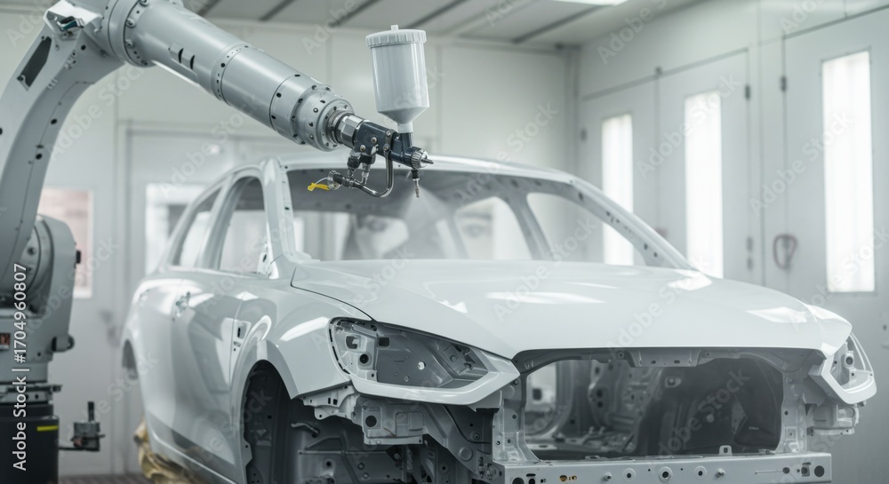 Poster robotic arm painting an automobile during manufacturing process. automated vehicle production in a f