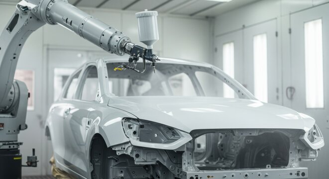 Robotic arm painting an automobile during manufacturing process. Automated vehicle production in a factory setting.