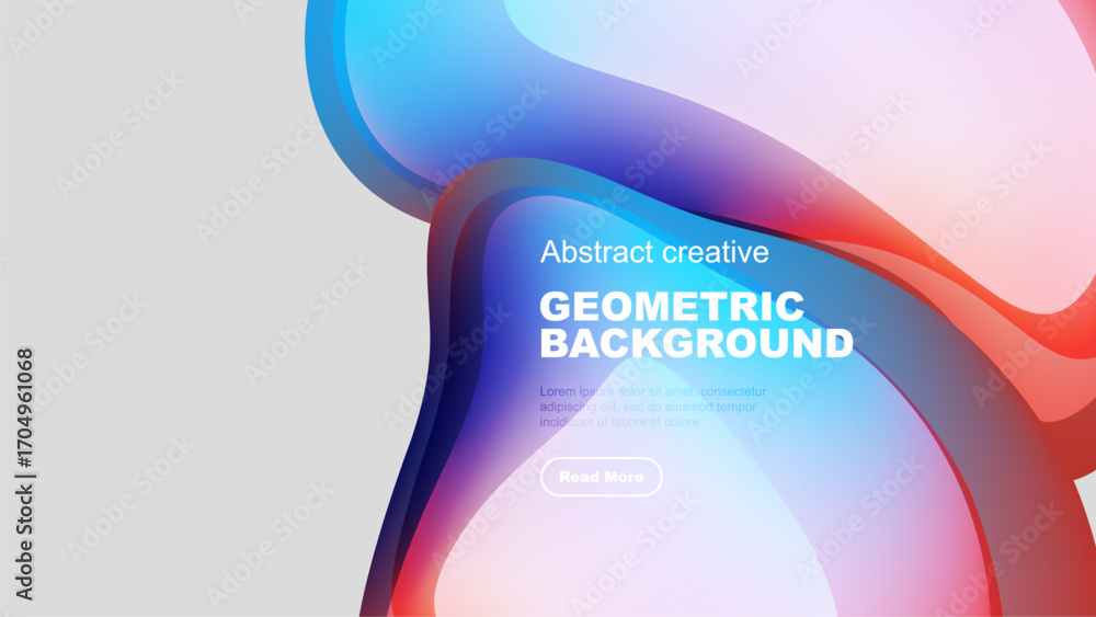 Poster Abstract fluid shapes overlap, creating vibrant color gradients. Text block present with button. Modern design elements visible.