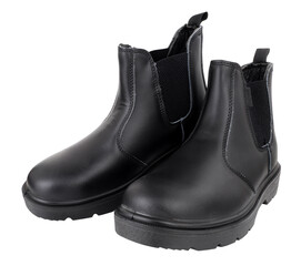 Dealer black safety work boots with elasticated side panels, leather uppers and steel toe caps isolated on a white background