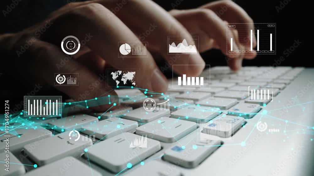 Leinwandbilder close-up of hands typing on a laptop keyboard with floating graphics representing data analytics and
