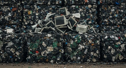Bales of pressed electronic waste, including CRT monitors and circuit boards, ready for recycling. E-waste concept.