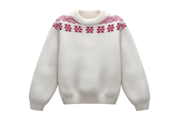 White knitted sweater with red pattern isolated on transparent background