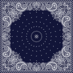 Bandana paisley square ethnic floral hand drawn pattern.Ornament classic vintage vector elements white on navy blue background.Design for scarf,headscarf,kerchief,tablecloth,print fabric,decoration.