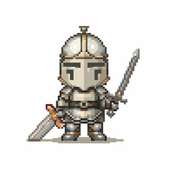 A cute pixel art knight character in full silver and gold plate armor dual-wielding two swords.