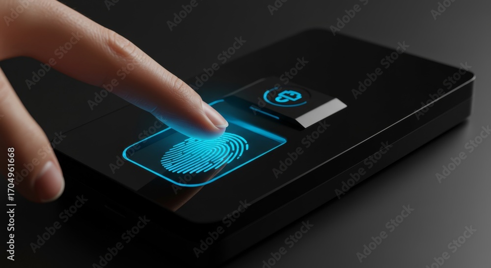 Poster female finger scanning biometric data on a black device for digital security and access control. cyb