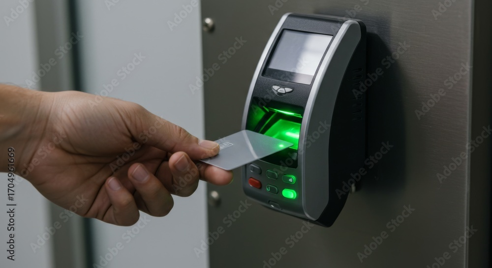 Poster man using a grey access card as key for electronic door lock device with green light. advanced secur