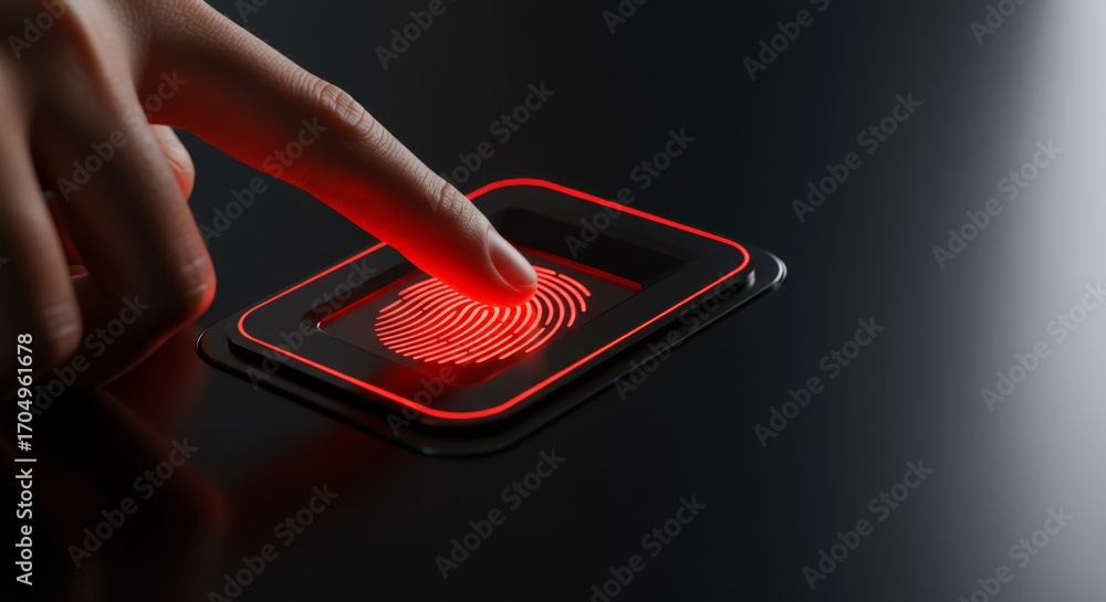 Poster woman finger scanning with red light on biometric reader. fingerprint identification for security an