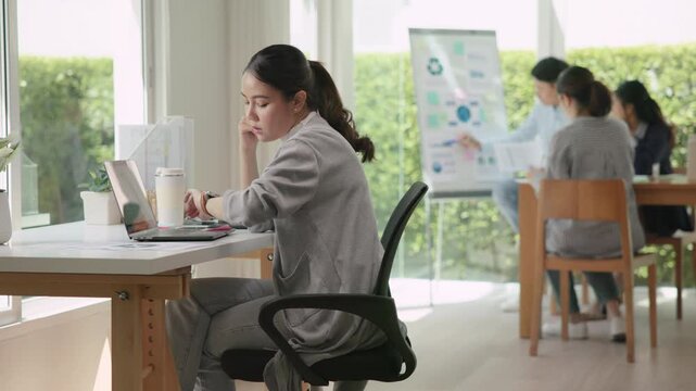 Fatigue worker work hard at office hybrid workplace burnout pensive ponder thoughtful