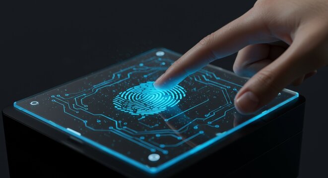 Woman's hand touching fingerprint scanner. Biometric security scan concept. Digital identity verification for access control.