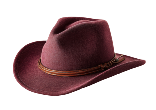 Burgundy cowboy hat, angled view.  Dark reddish-brown wool or felt material, with a light brown leather or suede band encircling the crown.  Classic western style