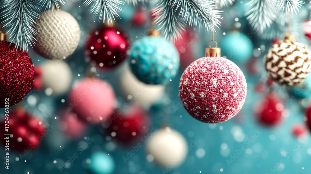 Poster a bunch of christmas ornaments hanging from a tree branch. the ornaments are of different colors and