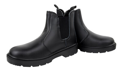 Dealer black safety work boots with elasticated side panels, leather uppers and steel toe caps isolated on a white background