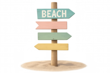 Weathered wooden signpost featuring directional beach arrow against transparent backdrop