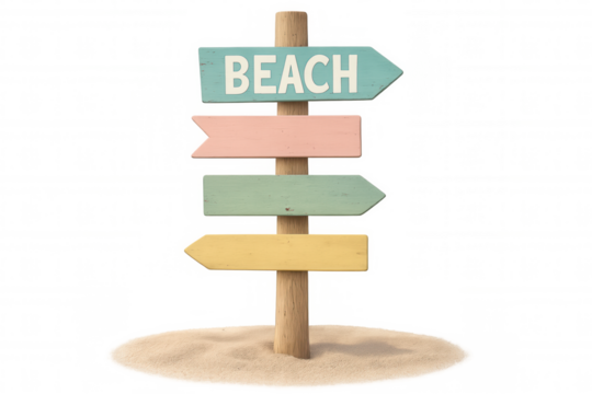 Weathered wooden signpost featuring directional beach arrow against transparent backdrop