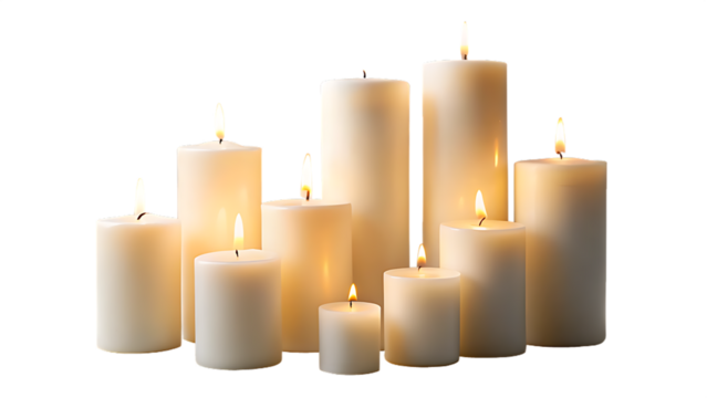 Group of white candles isolated on transparent background with soft light