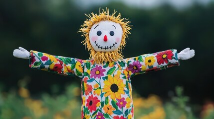 Colorful Scarecrow in a Flower Field with Happy Expression, Bright Colors, and Cheerful Design for Garden and Agriculture Imagery