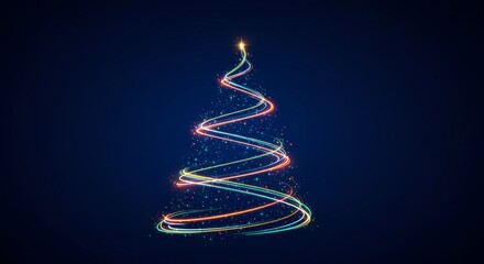Abstract glowing Christmas tree made of light trails and colorful dots, a festive background for holidays and celebration
