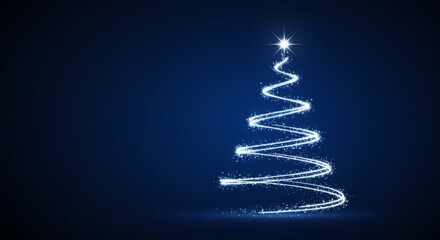 Abstract glowing christmas tree made of light trails and sparkling dust. Digital holiday concept for celebration invitation.