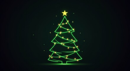 Neon christmas tree with glowing lights and star on dark background for holiday greeting card design.