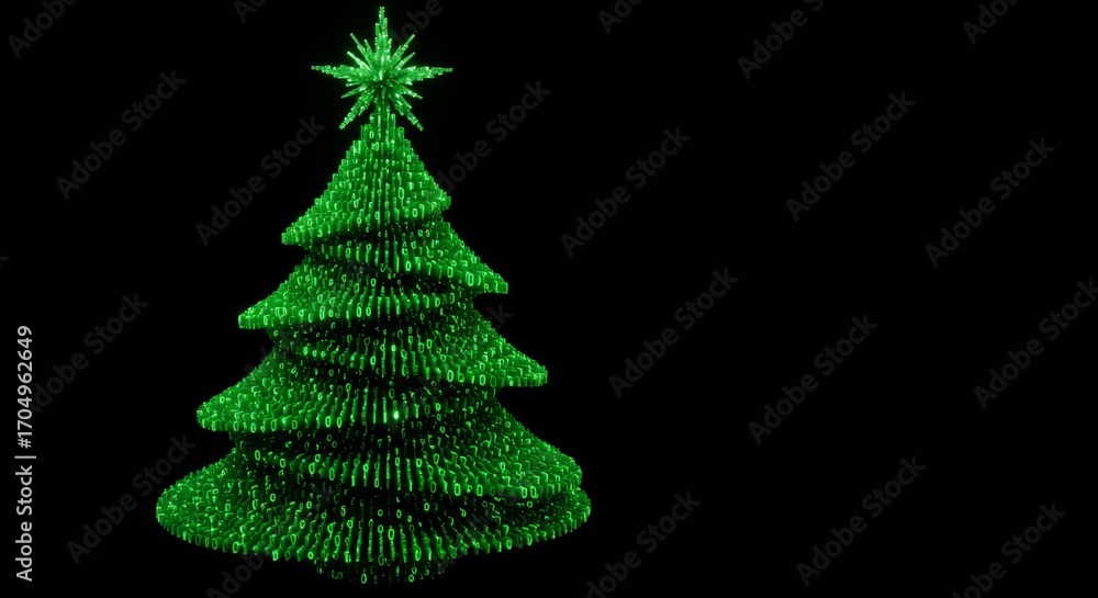 Aufkleber green glowing christmas tree made of binary code on black background. digital holiday and computer t