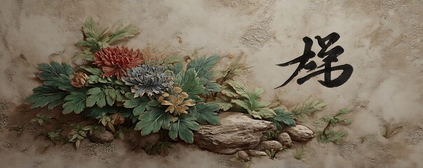 Brushstroke calligraphy on taupe paper with minimal stone garden elements