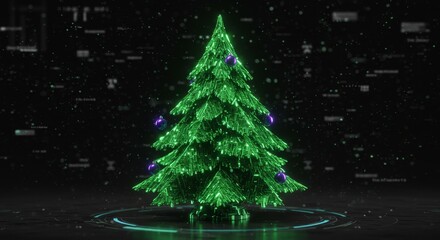 Green digital christmas tree with purple ornaments. Technology and holiday fusion concept for festive greeting card backgrounds.