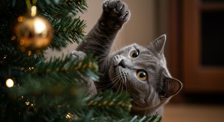 Grey cat playing with an ornament on a Christmas tree. Festive pet animal curiosity at home during the holiday season.