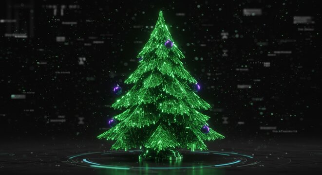 Green digital christmas tree with purple ornaments. Technology and holiday fusion concept for festive greeting card backgrounds.