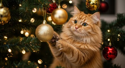 Obraz premium Cute orange cat playing with a golden Christmas ornament on a decorated tree. Holiday pet mischief concept for festive greeting card.
