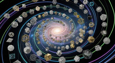 Geometric Solids Orbiting a Galaxy with Neon Trails in a Cosmic Dance