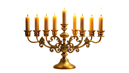 Fototapeta premium Hanukkah menorah with burning candles isolated on transparent background