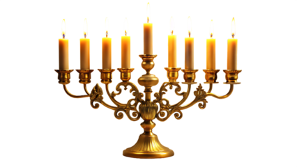 Hanukkah menorah with burning candles isolated on transparent background