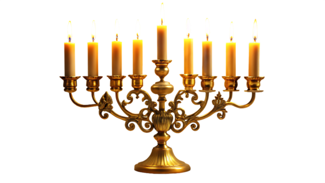 Hanukkah menorah with burning candles isolated on transparent background