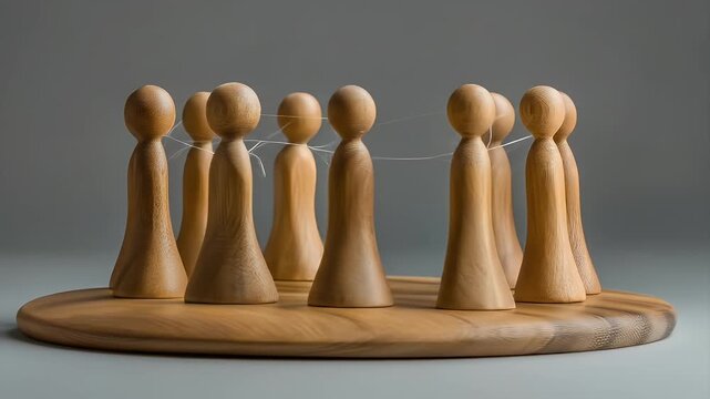 Wooden figures connected by thin threads, arranged in a circle on a wooden disc
