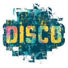 Disco typography with abstract paint texture and modern colorful grunge background