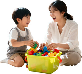 한국인엄마와아이가장난감정리하는모습