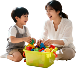 한국인엄마와아이가장난감정리하는모습