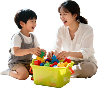한국인엄마와아이가장난감정리하는모습