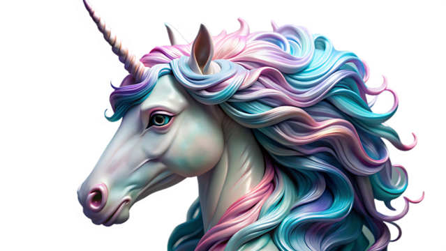 Unicorn with colorful mane isolated on transparent background, a fantasy creature