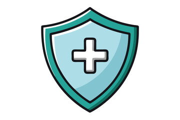 Blue Shield with Medical Cross Symbol on White Background Icon Design