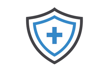 Blue Plus Sign Inside Shield Icon on White Background Flat