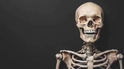Realistic Human Skeleton Model with Teeth Exposed and Black Background Ideal for Educational Purposes in Medicine and Anatomy Studies