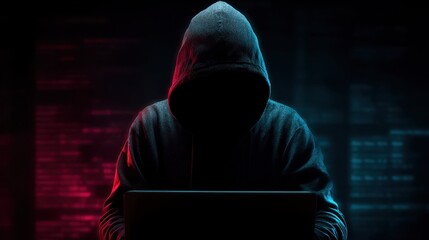 Hooded figure sits in dark environment typing on a computer, possibly hacking into a system at night